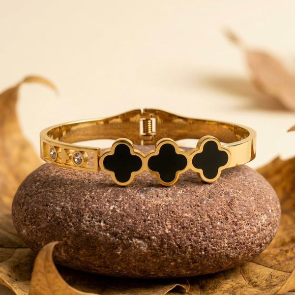 Triple Black Clover Gold Bangle Bracelet