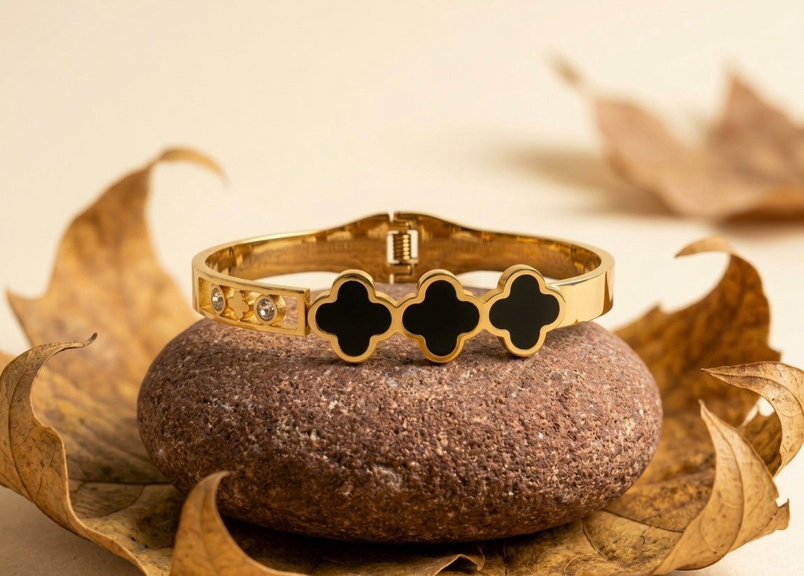 Triple Black Clover Gold Bangle Bracelet