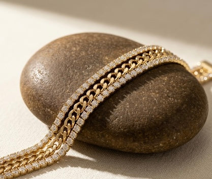 Encrusted 18k Gold Curb Chain Bracelet Trio