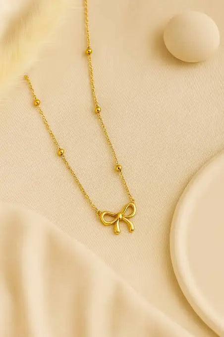 18K Gold Plated Ribbon Bow Necklace | Dainty Coquette Bow Pendant on Satellite Chain - ACERO JEWELS