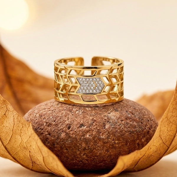 18K Gold Plated Arrow Statement Ring - Wide Honeycomb Cutout Band - Sparkling Crystal Arrow Ring - Adjustable Gold Fashion Jewelry