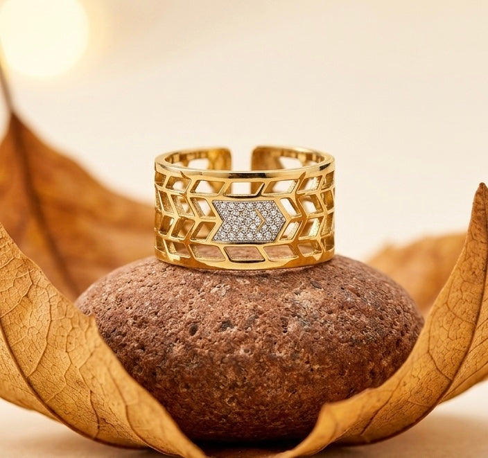 18K Gold Plated Arrow Statement Ring - Wide Honeycomb Cutout Band - Sparkling Crystal Arrow Ring - Adjustable Gold Fashion Jewelry