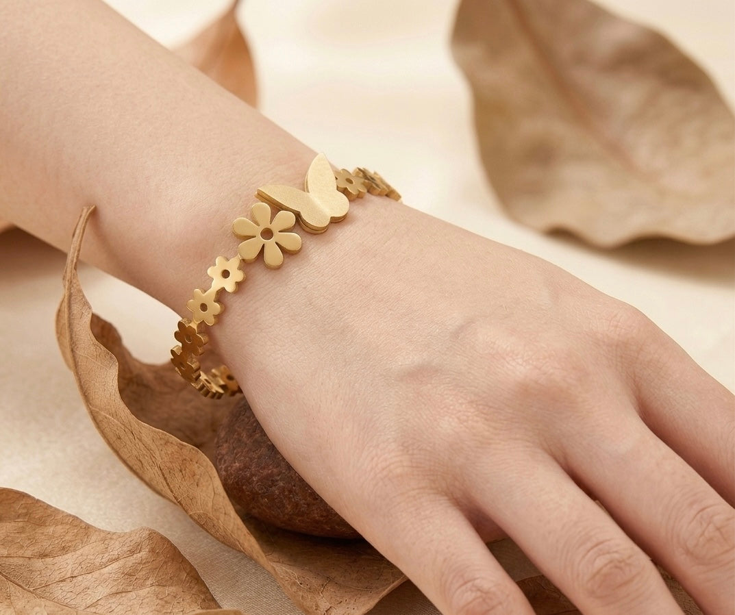 Eternal Spring Butterfly & Flower Gold Bracelet
