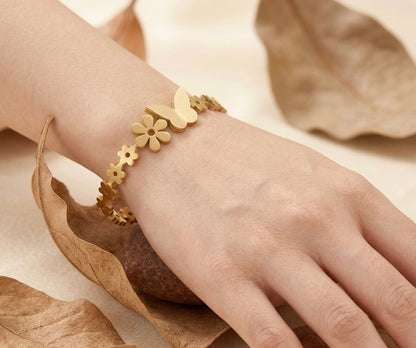 Eternal Spring Butterfly & Flower Gold Bracelet