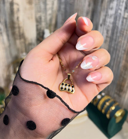 18K Gold Plated Mini Handbag Pendant Necklace | Checkered Enamel Purse Charm on Gold Chain - ACERO JEWELS