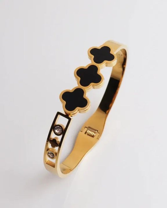 Triple Black Clover Gold Bangle Bracelet