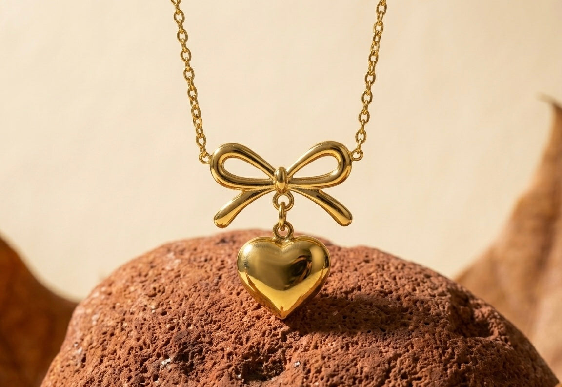 18K Gold Plated Bow and Heart Necklace | Dainty Ribbon Pendant with Puffed Heart Charm