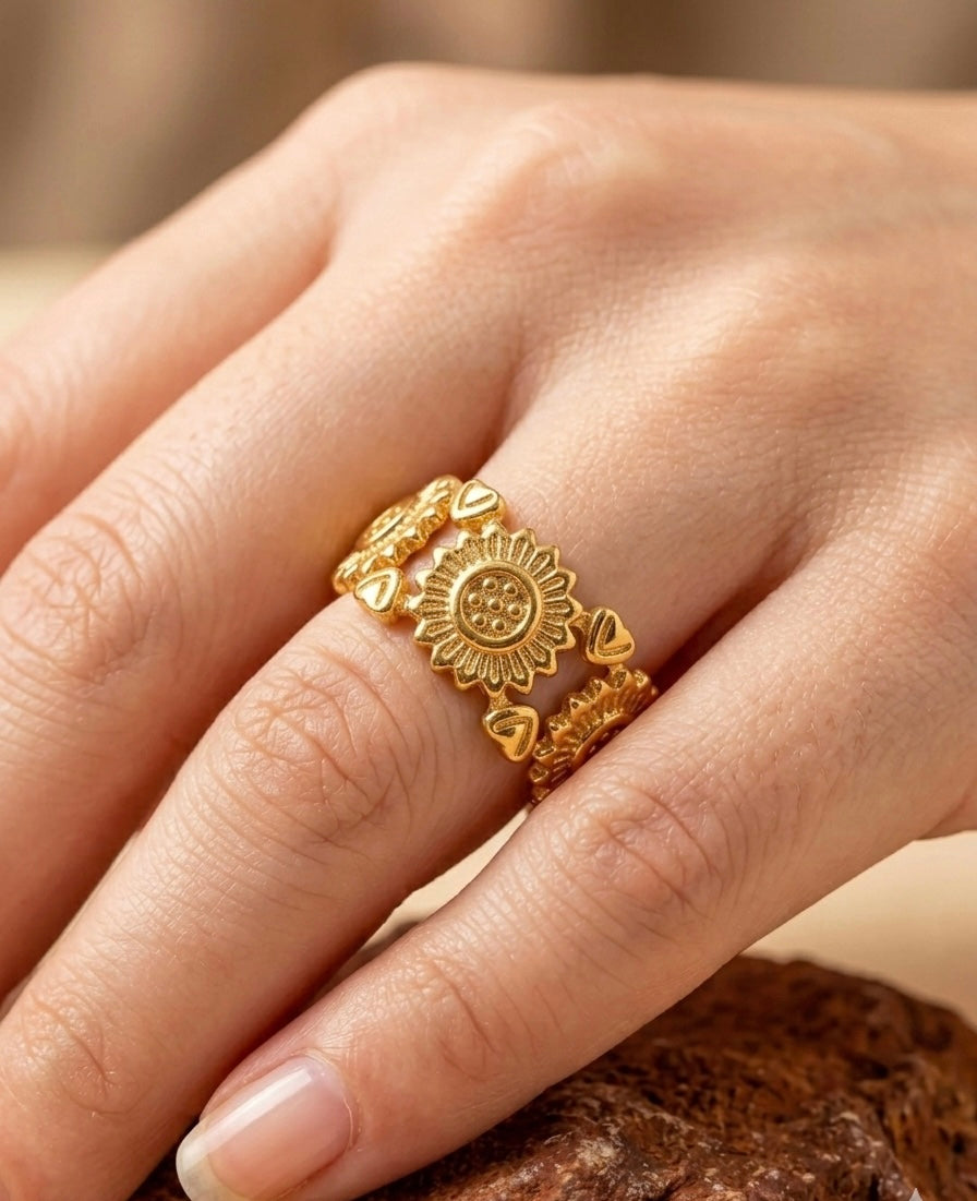 18K Gold Plated Sunflower & Heart Eternity Ring ACERO JEWELS