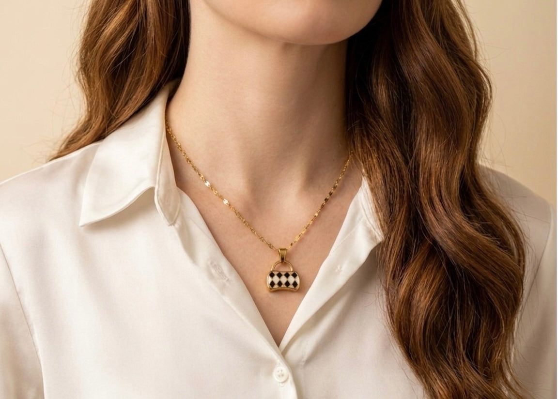 18K Gold Plated Mini Handbag Pendant Necklace | Checkered Enamel Purse Charm on Gold Chain
