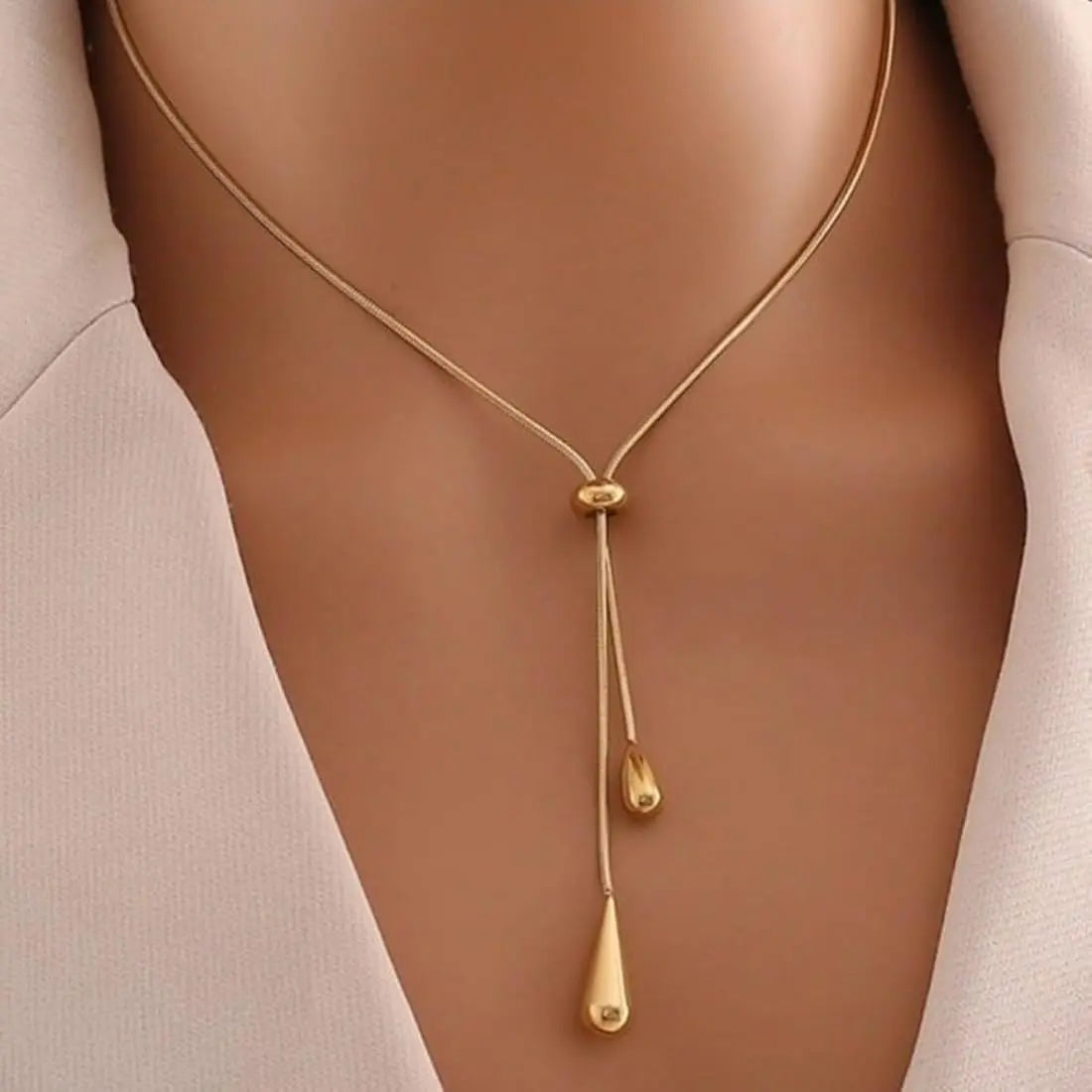18K Gold Plated Teardrop Lariat Necklace | Adjustable Y-Shape Snake Chain for Women - ACERO JEWELS