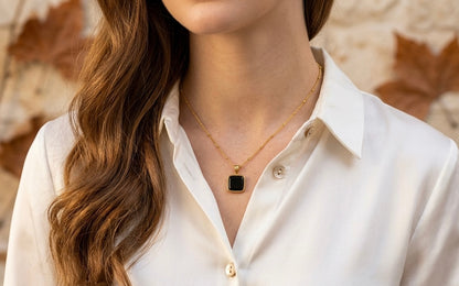 18K Gold Plated Black Onyx Square Pendant Necklace | Vintage Style Satellilte Chain for Women