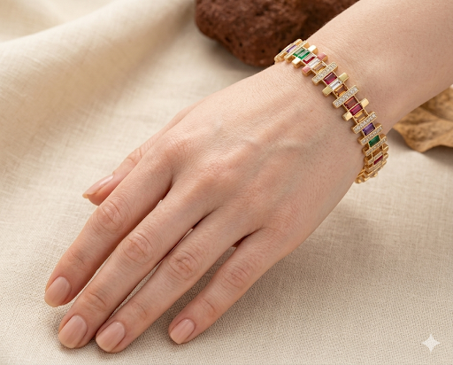 Rainbow Crystal Baguette Bangle – Luxury Gold Stainless Steel Multi-Color Bracelet
