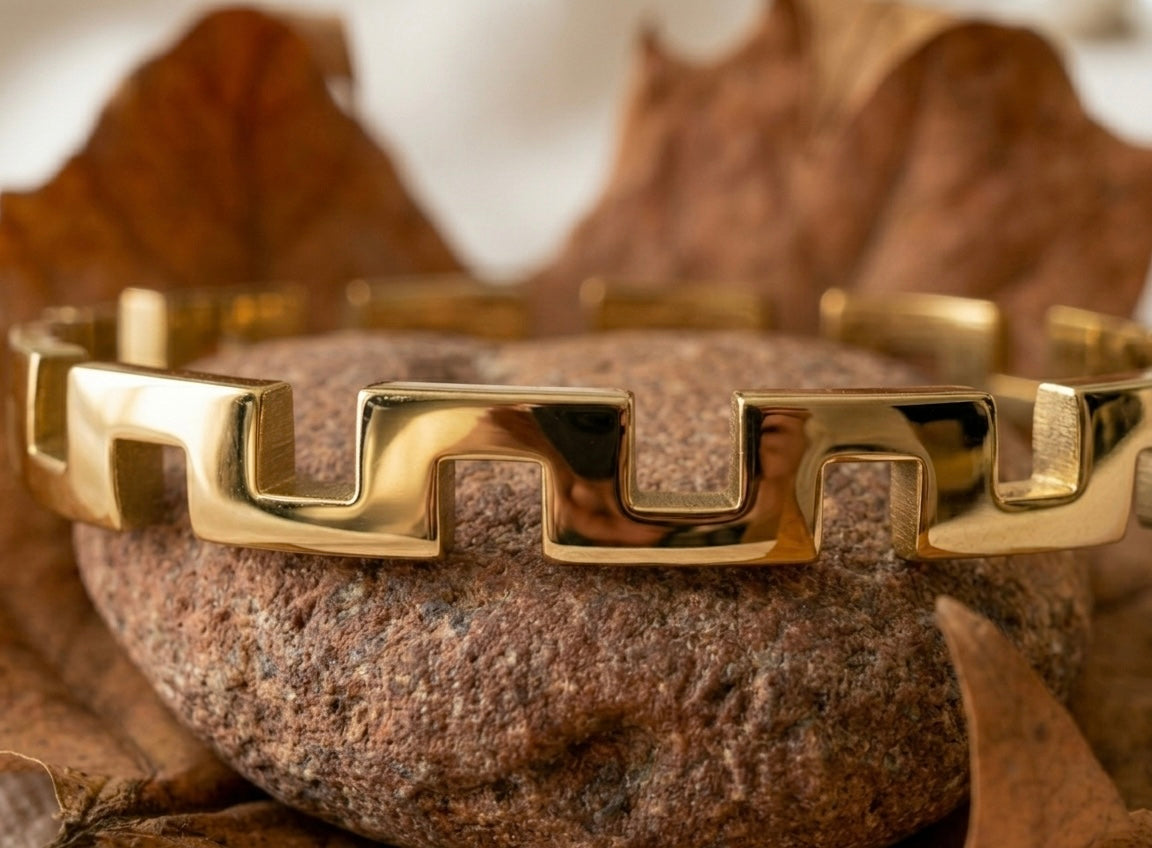 Gold Greek Key Cutout Bangle – Tarnish-Free Stainless Steel Geometric Bracelet