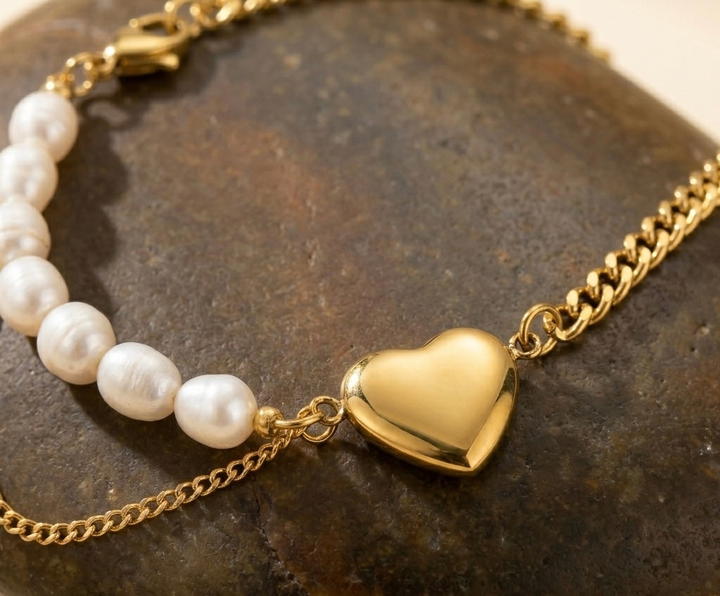 Pearl & Heart Fusion Charm Bracelet – 18K Gold Plated, Anti-Tarnish & Waterproof