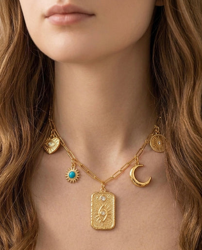 18K Gold Plated Celestial Charm Link Necklace