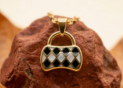 18K Gold Plated Mini Handbag Pendant Necklace | Checkered Enamel Purse Charm on Gold Chain