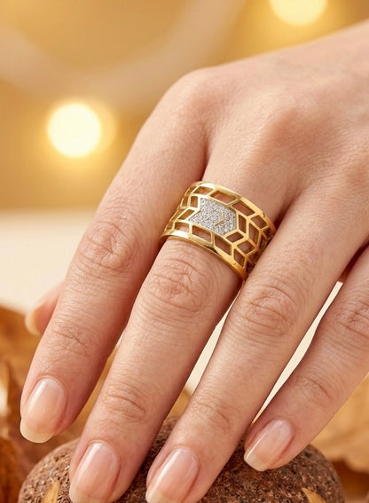18K Gold Plated Arrow Statement Ring - Wide Honeycomb Cutout Band - Sparkling Crystal Arrow Ring - Adjustable Gold Fashion Jewelry