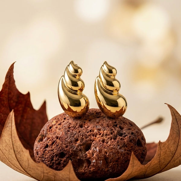 18K Gold Plated Bold Croissant Shell Drop Earrings | Chunky Ribbed Teardrop Statement Earrings | High-Shine Modern Gold Dangles for Women