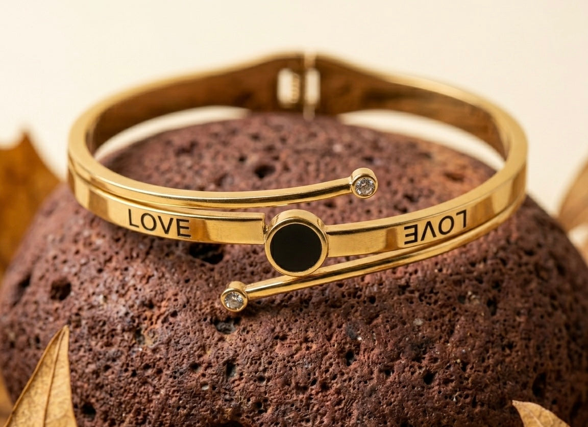 Gold "LOVE" Bypass Bangle – Tarnish-Free Stainless Steel Luxury Inscribed Bracelet