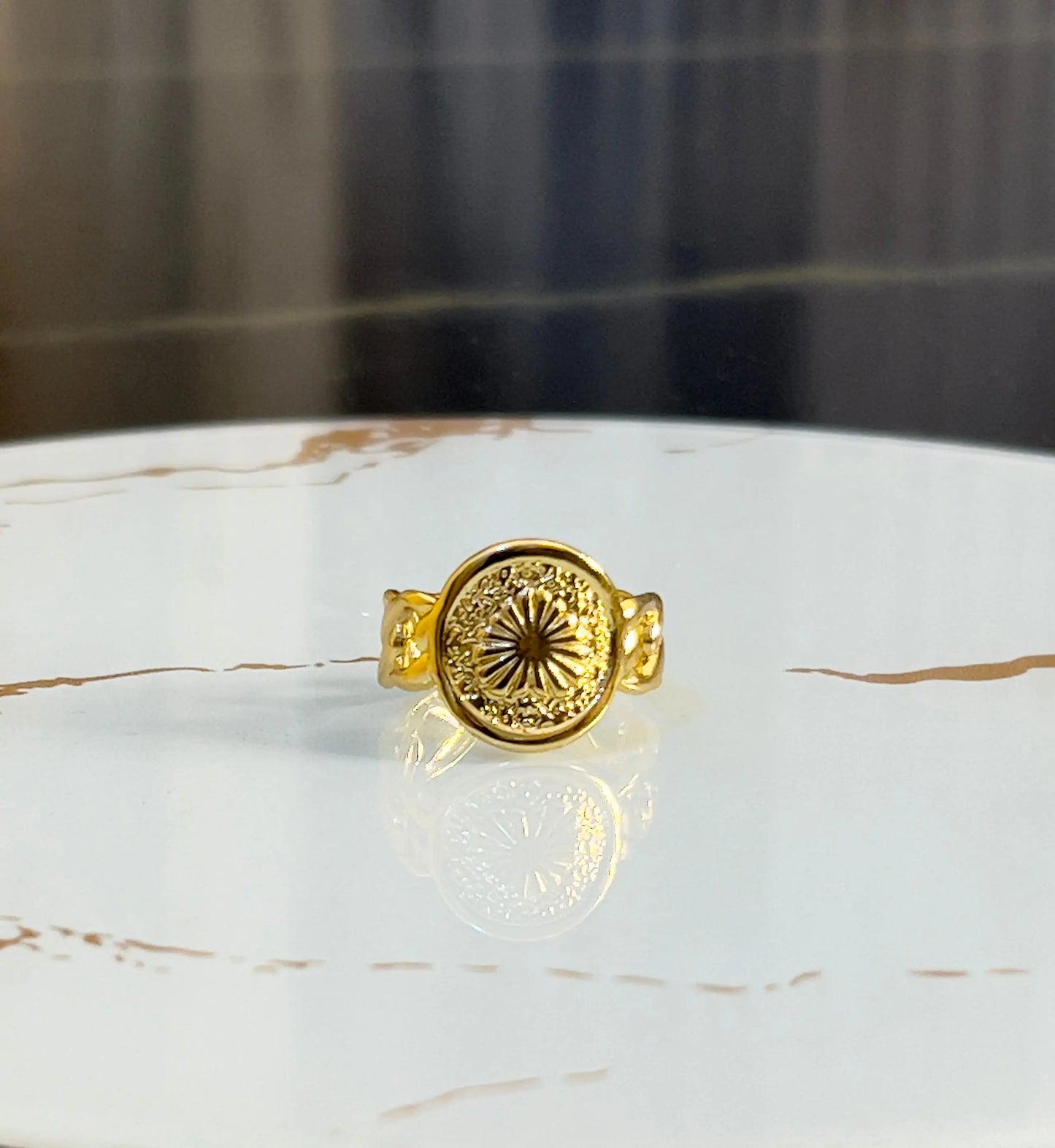 18K Gold Plated Sun Coin Signet Ring - Vintage Sunburst Medallion Band - Boho Gold Chain Link Ring for Women - ACERO JEWELS