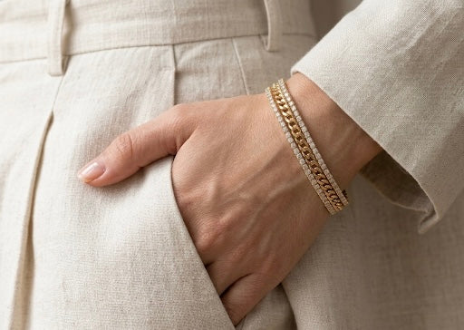 Encrusted 18k Gold Curb Chain Bracelet Trio