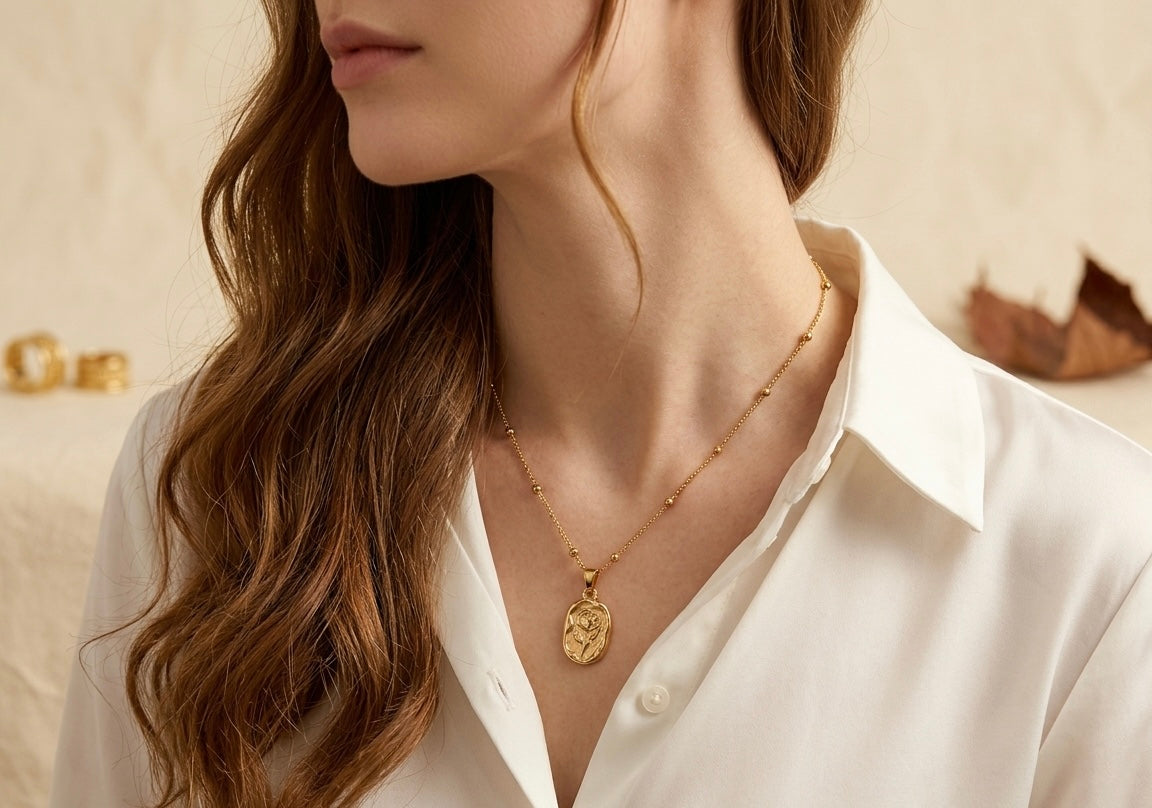 18K Gold Plated Vintage Rose Medallion Necklace | Embossed Floral Pendant on Dainty Link Chain