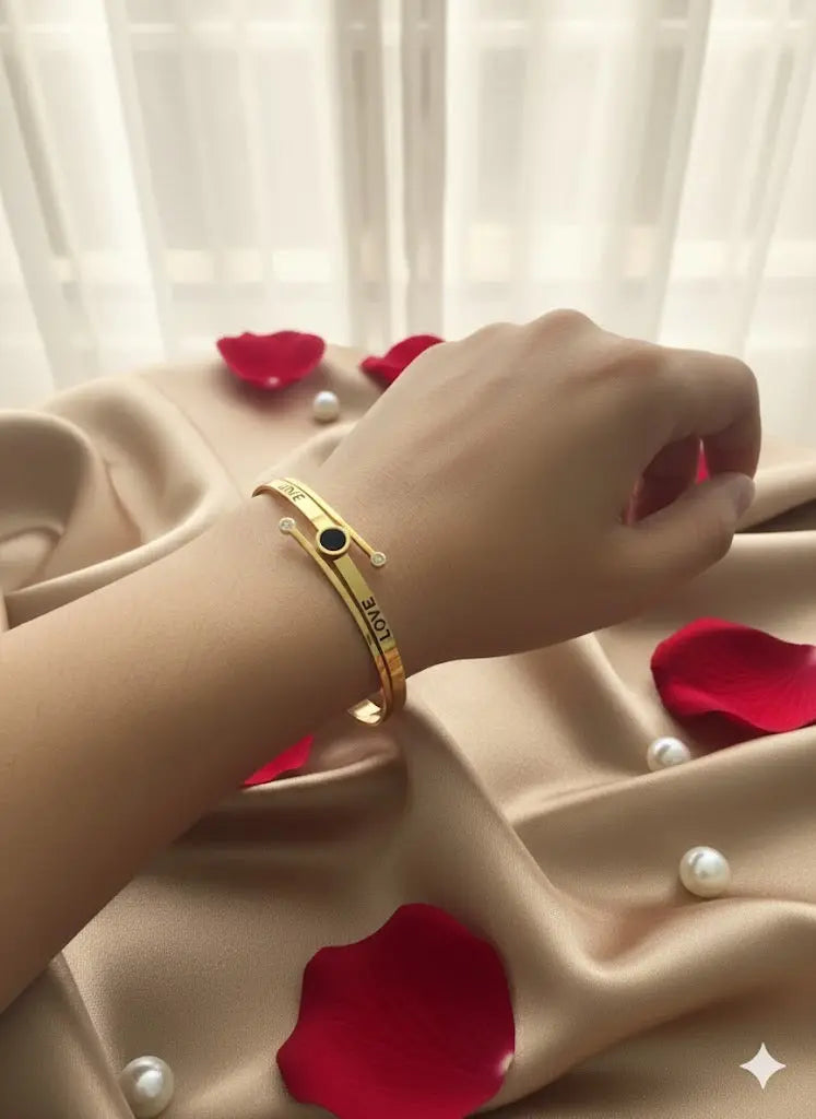 Gold "LOVE" Bypass Bangle – Tarnish-Free Stainless Steel Luxury Inscribed Bracelet - ACERO JEWELS