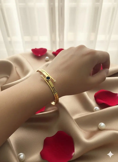 Gold "LOVE" Bypass Bangle – Tarnish-Free Stainless Steel Luxury Inscribed Bracelet - ACERO JEWELS