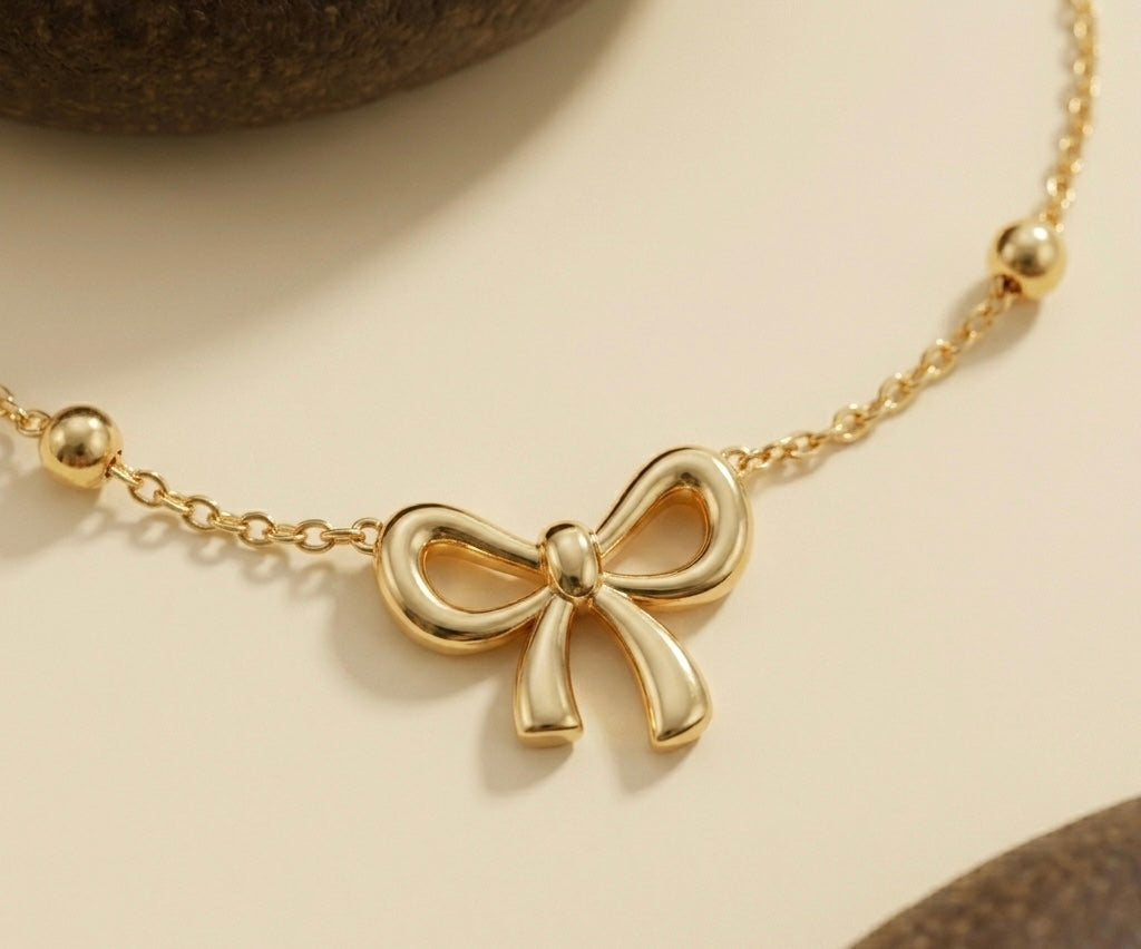 Anti-Tarnish Waterproof Bow Bracelet - Delicate Gold Chain with Ribbon Charm