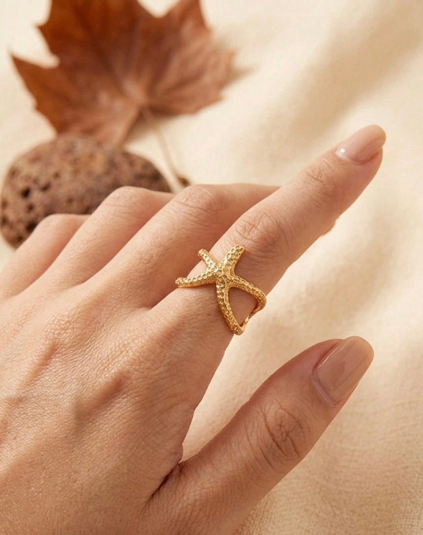 Oceanic Star 18K Gold Plated Starfish Ring ACERO JEWELS