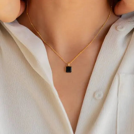 18K Gold Plated Black Onyx Square Pendant Necklace | Vintage Style Satellilte Chain for Women - ACERO JEWELS