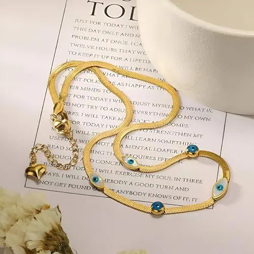18K Gold Plated Evil Eye Herringbone Necklace | Blue Eye Protection Choker on Flat Snake Chain - ACERO JEWELS