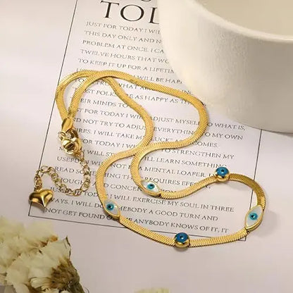 18K Gold Plated Evil Eye Herringbone Necklace | Blue Eye Protection Choker on Flat Snake Chain - ACERO JEWELS