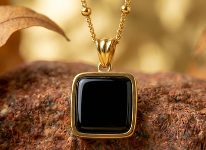 18K Gold Plated Black Onyx Square Pendant Necklace | Vintage Style Satellilte Chain for Women