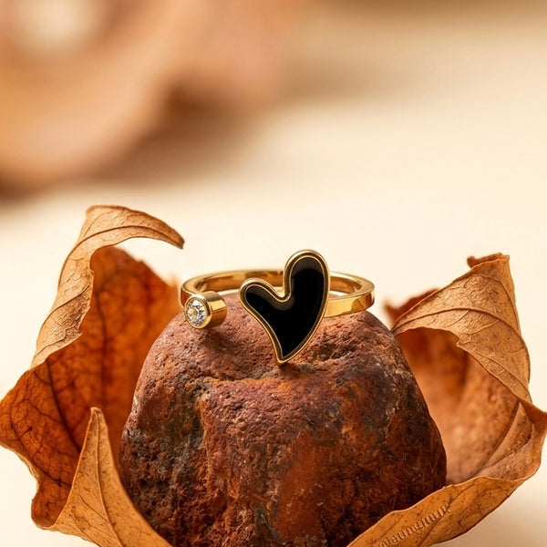 18K Gold Plated Black Enamel Heart Ring