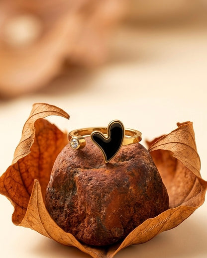 18K Gold Plated Black Enamel Heart Ring