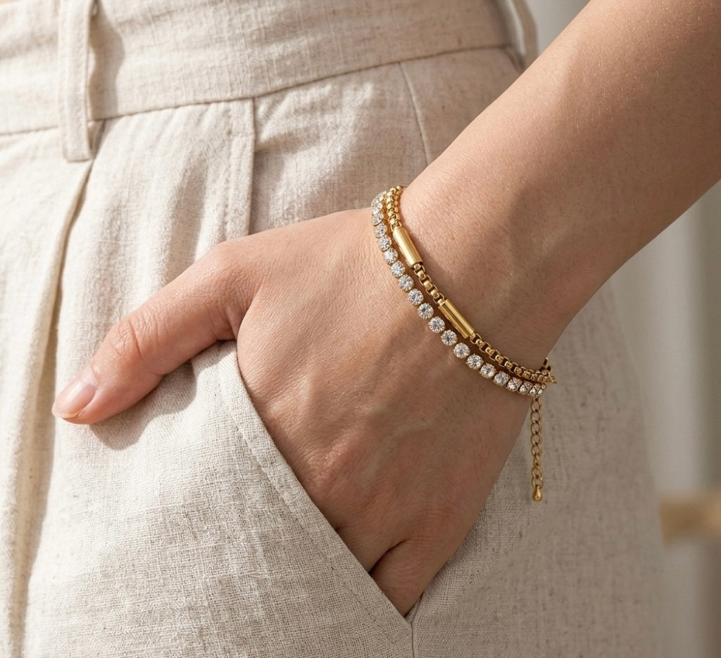 Dazzling Crystal Tennis & Gold Box Chain Bracelet Set – Anti-Tarnish & Waterproof