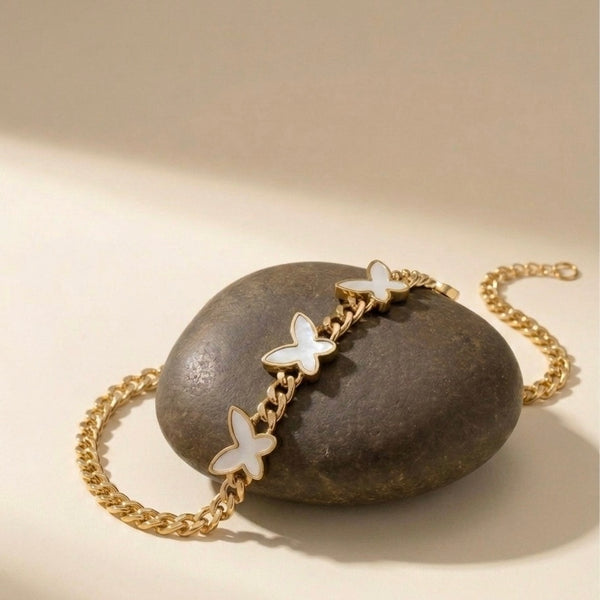 18k Gold Plated Mother of Pearl Butterfly Curb Chain Bracelet