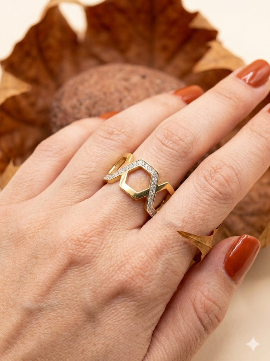 18K Gold Plated Geometric Band with Pave Zirconia