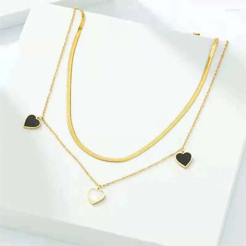 Elegant Double Layer Gold Necklace - Sleek Herringbone & Dainty Heart Charm Set - Modern Aesthetic Jewelry - ACERO JEWELS