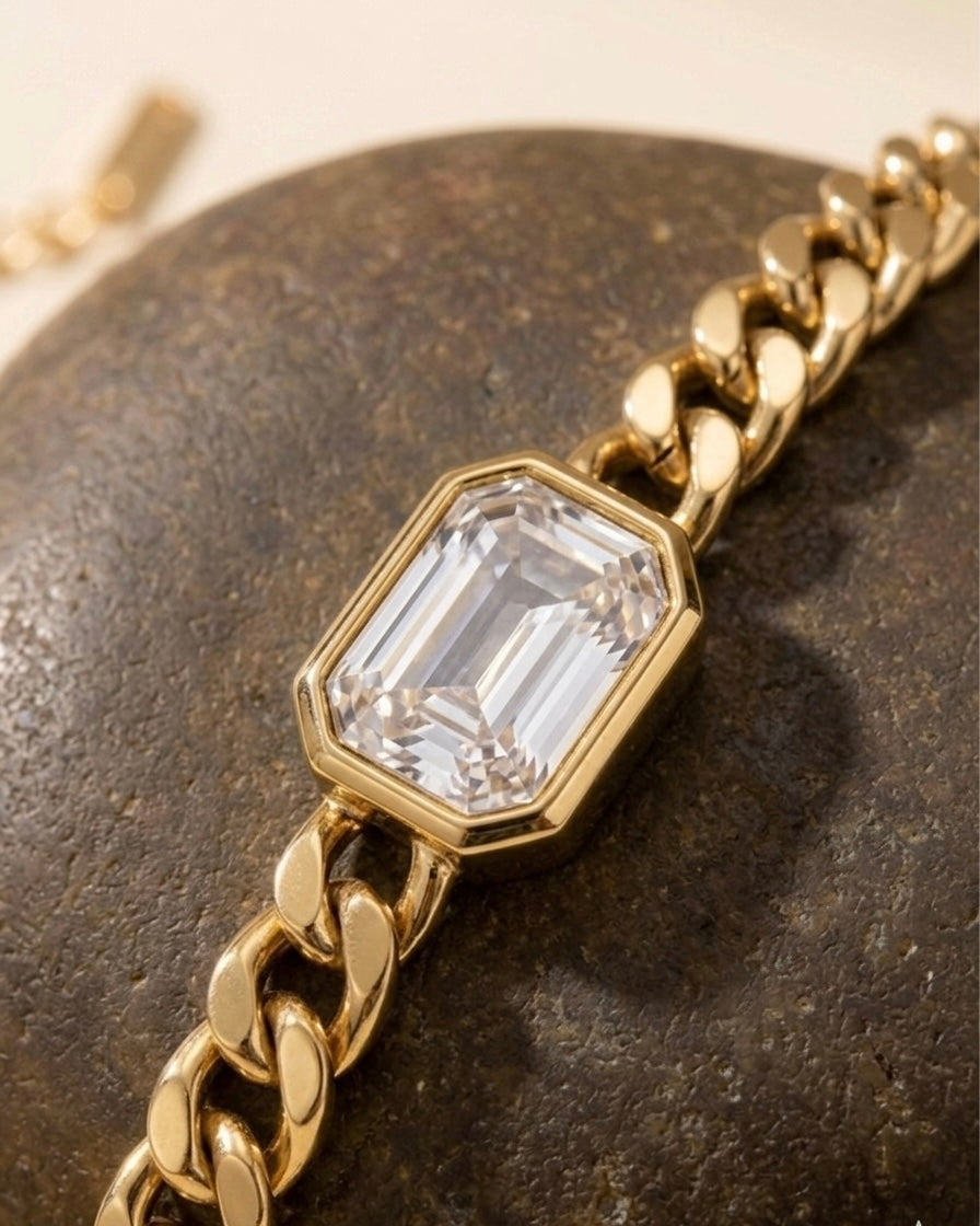 18K Gold Plated Emerald-Cut Zircon Curb Chain Bracelet
