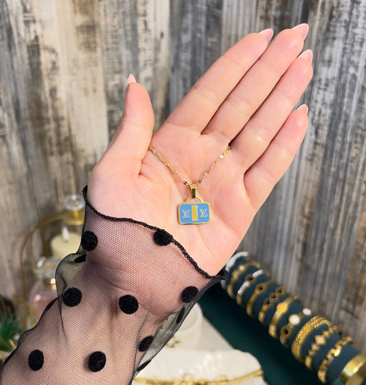 18K Gold Plated Mini Sky Blue Handbag Necklace | Designer-Inspired Enamel Purse Pendant - ACERO JEWELS