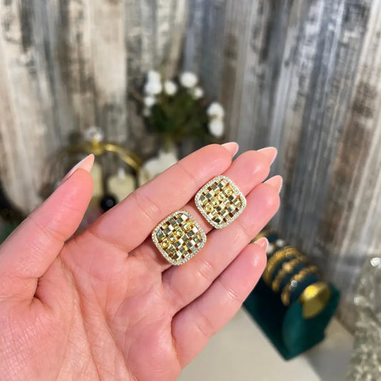 18K Gold Plated Checkerboard Stud Earrings | Crystal Halo Square Earrings for Women - ACERO JEWELS