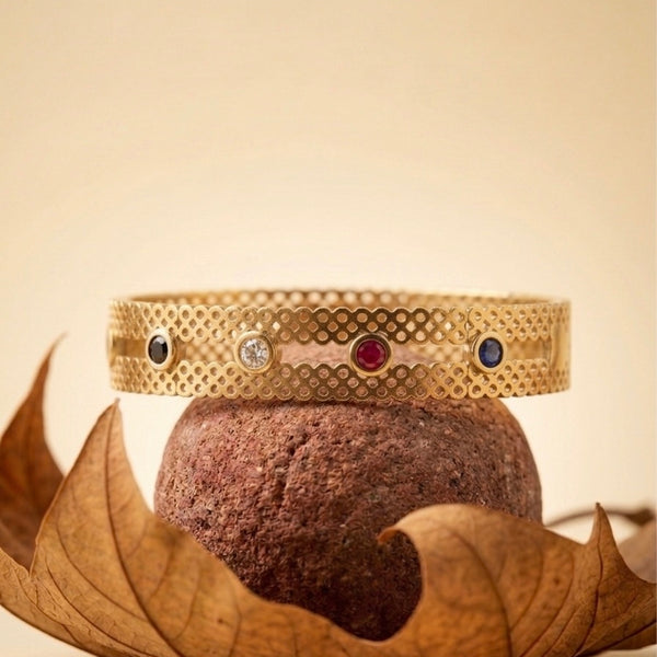18k Gold Plated Filigree Mesh Bangle – Multi-Color Gemstone Inlaid Luxury Cuff for Women