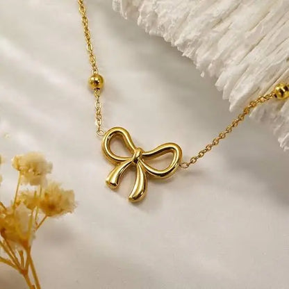 18K Gold Plated Ribbon Bow Necklace | Dainty Coquette Bow Pendant on Satellite Chain - ACERO JEWELS
