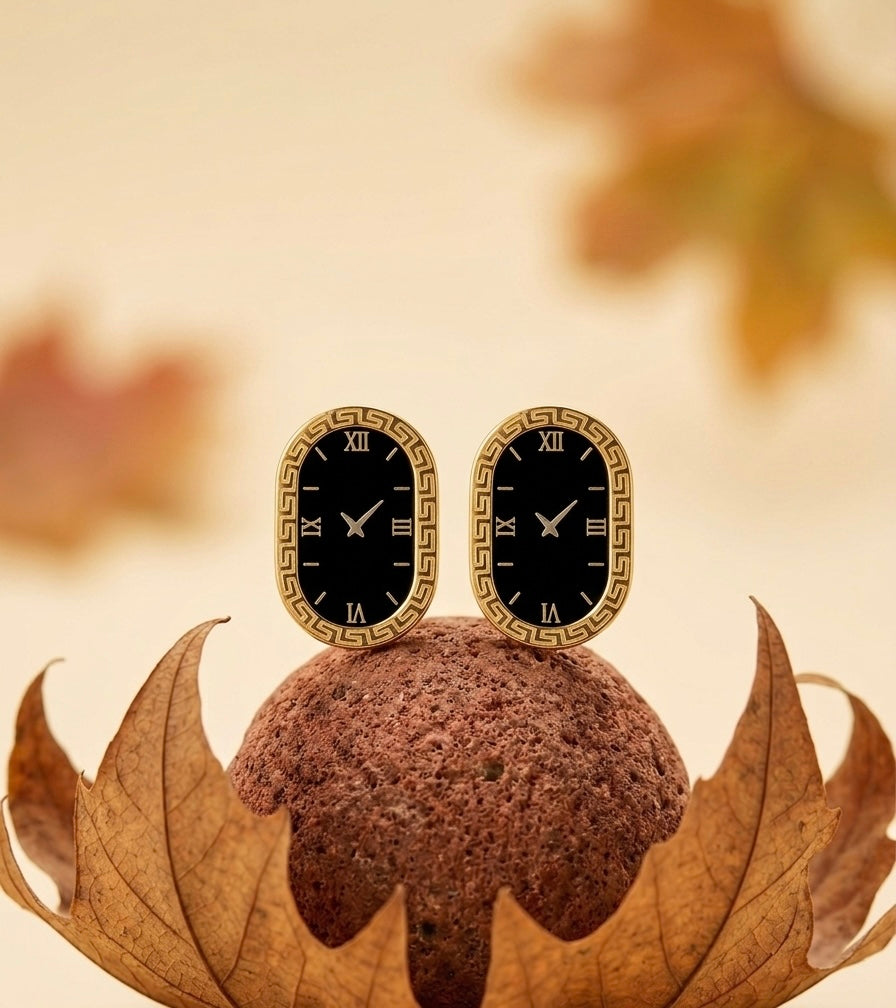 Vintage-Inspired 18K Gold Plated Roman Numeral Clock Face Earrings