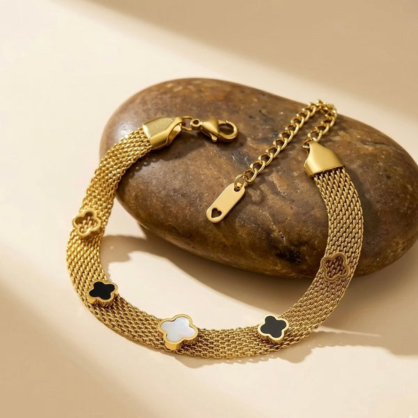 18k Gold Plated Multi-Charm Mesh Clover Bracelet