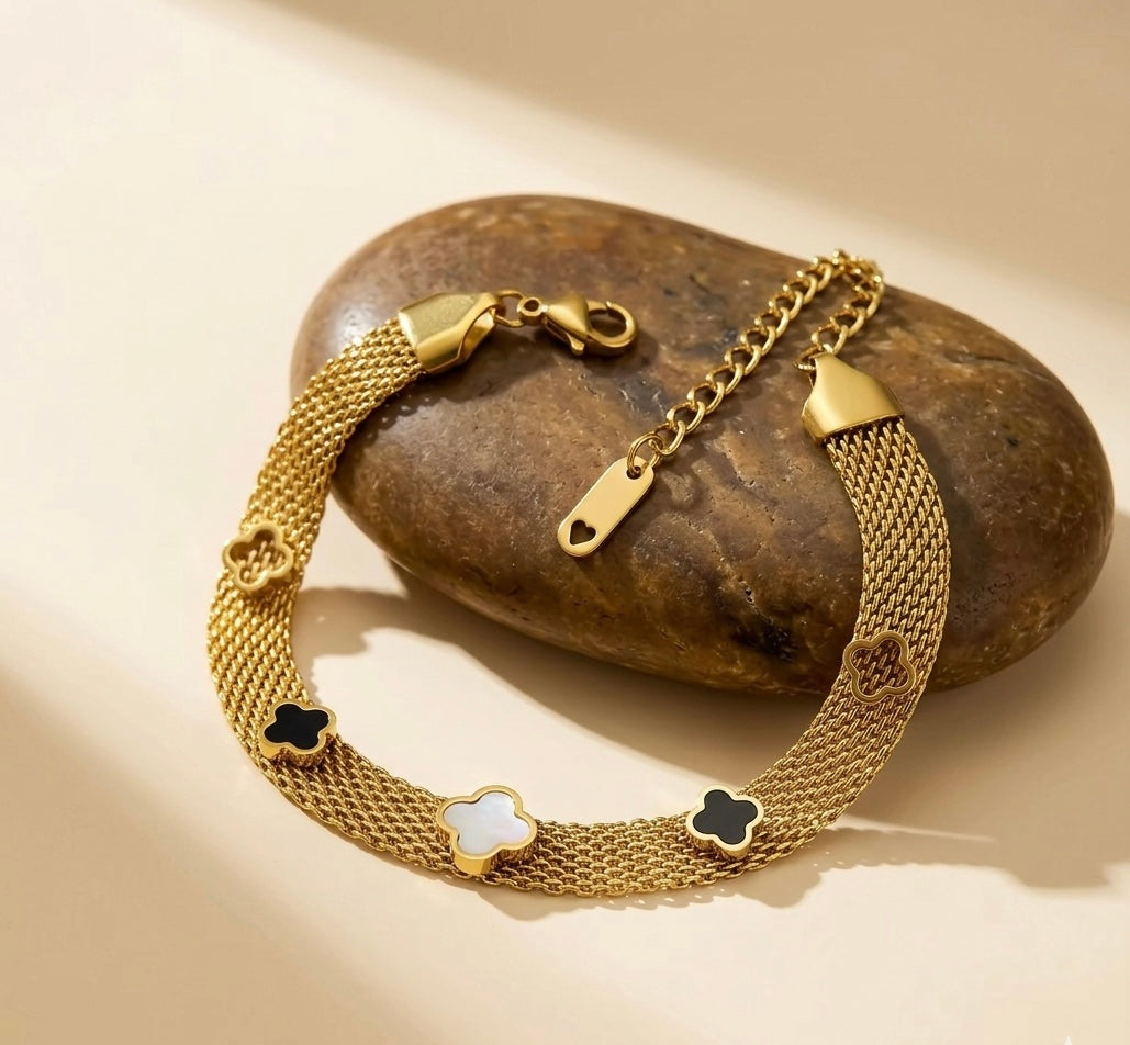 18k Gold Plated Multi-Charm Mesh Clover Bracelet