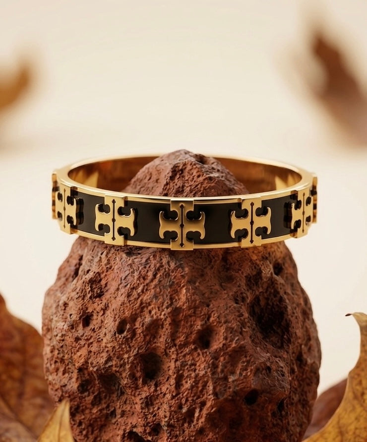 18k Gold Plated Black Enamel Geometric Bangle – Modern "T" Motif Link Bracelet