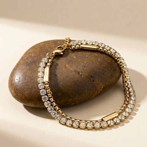 Dazzling Crystal Tennis & Gold Box Chain Bracelet Set – Anti-Tarnish & Waterproof